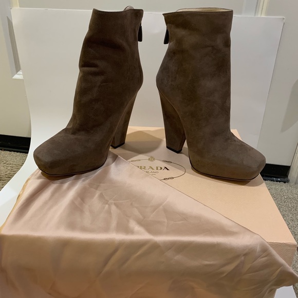 Prada buff brown platform back zip mid boots 7 - Picture 3 of 7